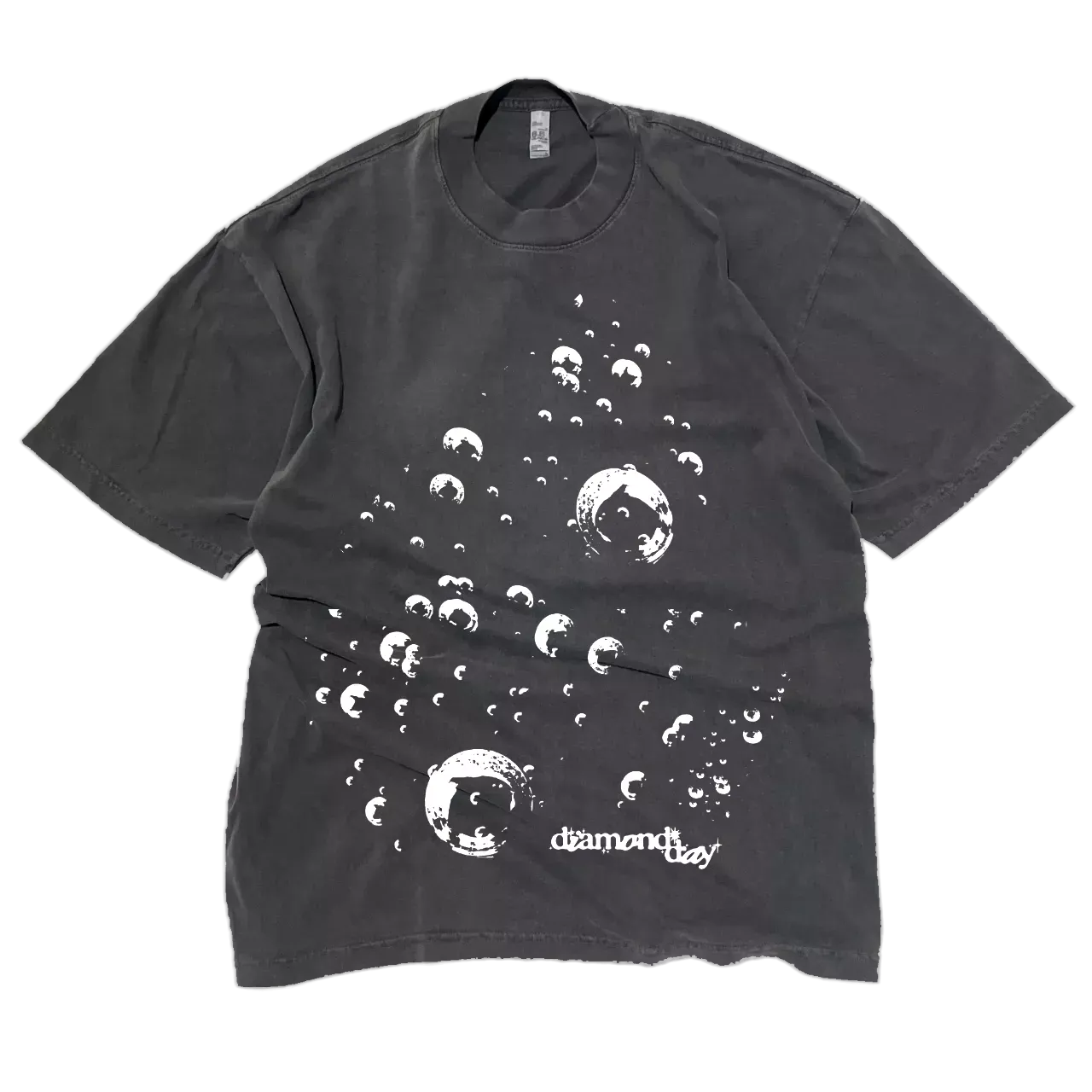 diamond day t-shirt, fading black color, screen printed with white bubble image across the entire front of shirt, white band logo in lower right corner